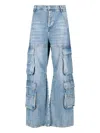 Diesel Light Blue Wide-leg Cargo Jeans With Distressed Finish In Animal Print