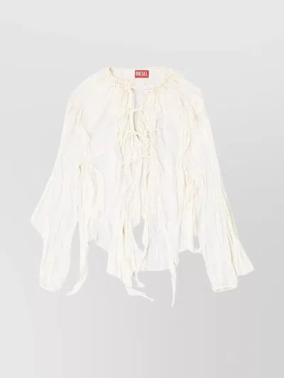 Diesel Lightweight Long Sleeve Sheer Ruffled Top In White