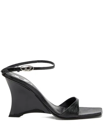 Diesel Lizard-effect Sandals In Black