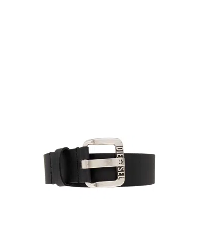 Diesel Logo-buckle Buffalo Leather Belt In Black