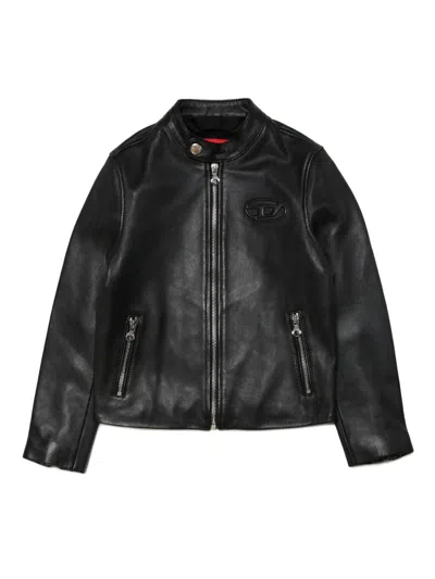 Diesel Kids' Logo-embossed Leather Jacket In Black