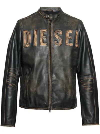 Diesel Logo-embossed Leather Jacket In Brown