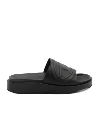 Diesel Logo-embossed Open-toe Slides In Black