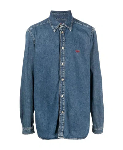 Diesel Logo-embroidered Denim Shirt In Blue