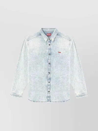 Diesel Logo Embroidered Denim Shirt With Stone-washed Finish In Blue