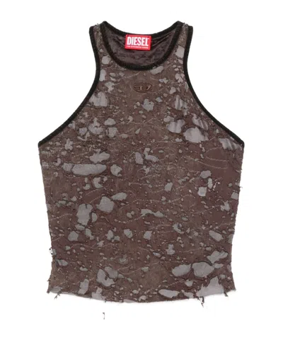 Diesel Logo Embroidered Distressed Sleeveless Top In Brown