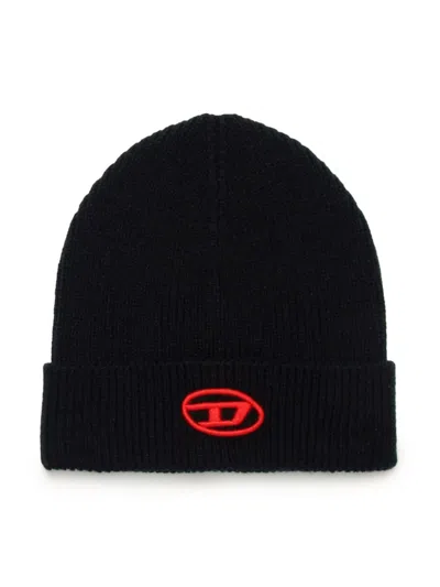 Diesel Kids' Logo-embroidered Ribbed-knit Beanie In Black