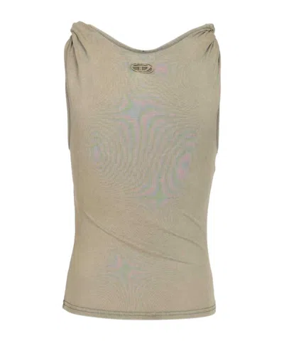 Diesel Logo Embroidered Ribbed Tank Top In Brown