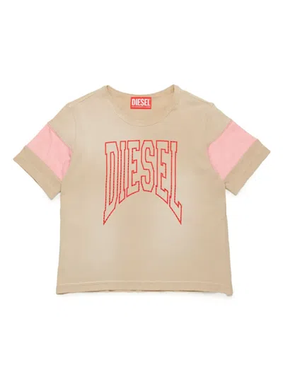 Diesel Kids' Logo-embroidered T-shirt In Beige