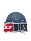 Diesel Denim Effect Beanie With Bold Patch Detail In Blue