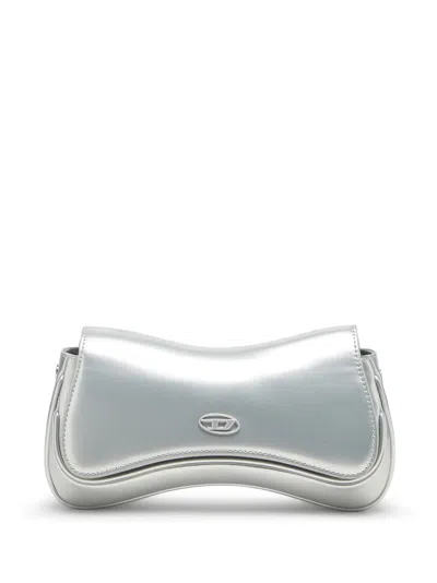 Diesel Logo-plaque Clutch Bag In Silver