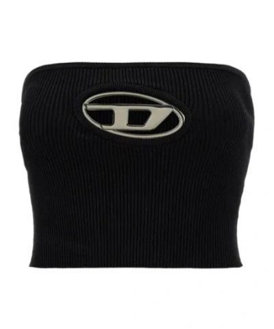 Diesel Logo-plaque Ribbed-knit Cropped Top In Black