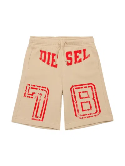Diesel Kids' Shorts In Felpa Con Grafica College In Beige