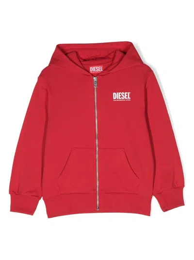 Diesel Kids' Logo-print Zip-up Hoodie In Red