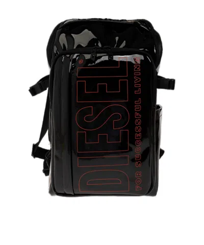 Diesel Logo Print Zip-up Backpack In Black