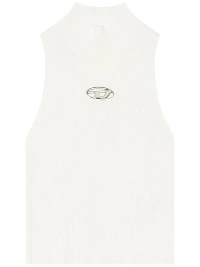 Diesel Logo-plaque Ribbed-knit Top In Nude & Neutrals