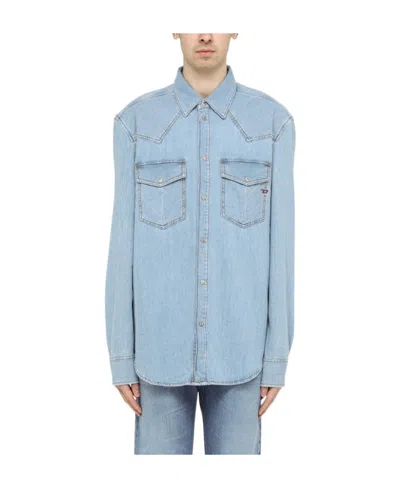 Diesel Logo-embroidered Button-up Denim Shirt In Blue