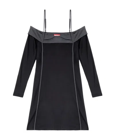 Diesel Logo-embroidered Drop-shoulder Minidress In Black