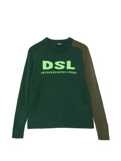 Diesel Kids' Logo-intarsia Colour-block Sweater In Green