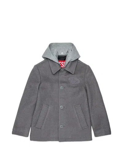 Diesel Kids' Logo-patch Hooded Coat In Gray