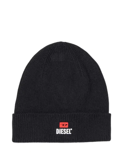 Diesel Kids' Logo-patch Ribbed-knit Beanie Hat In Black