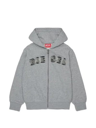 Diesel Kids' 로고 패치 후드 집업 In Gray