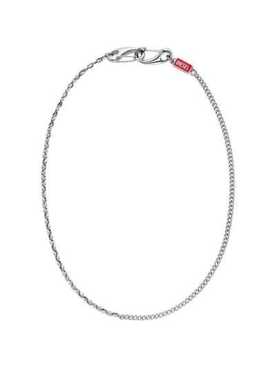 Diesel Logo-plaque Curb-link Necklace In Silver
