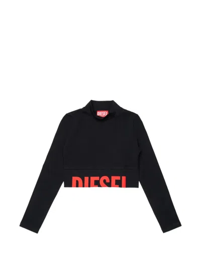 Diesel Kids' Logo-print Cropped T-shirt In Black