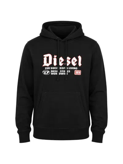 Diesel Black Graphic Hoodie With Kangaroo Pocket And Adjustable Drawstring