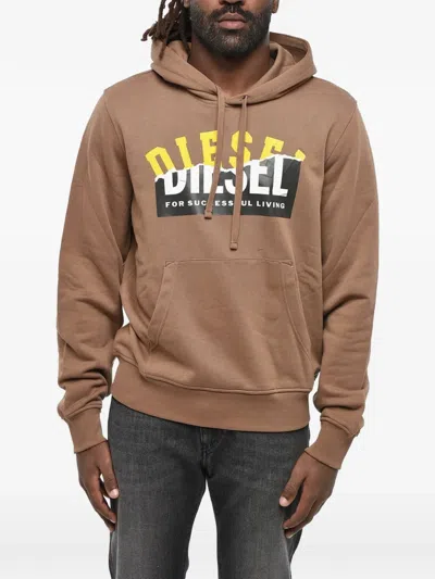 Diesel Brown Cropped Cotton Hoodie In Neutral