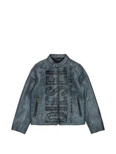 Diesel Kids' Logo-print Leather Bomber Jacket In Blue