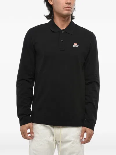 Diesel Logo-print Long-sleeve Polo Shirt In Black