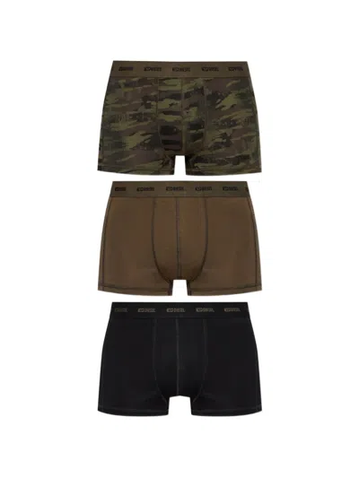 Diesel Logo-waistband Camouflage-print Boxer Briefs (set Of Three) In Brown