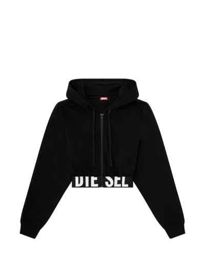 Diesel Logo-waistband Zip-up Cropped Cotton Hoodie In Black