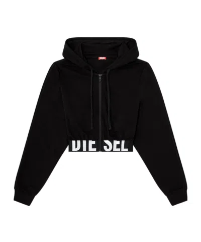Diesel Logo-waistband Zip-up Cropped Cotton Hoodie In Black
