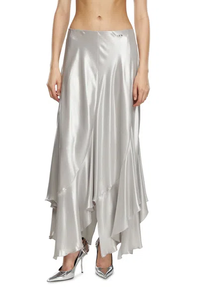 Diesel Long Asymmetric Metallic Skirt In Silver