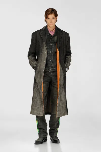 Diesel Long Coat In Dirty-effect Denim In Black