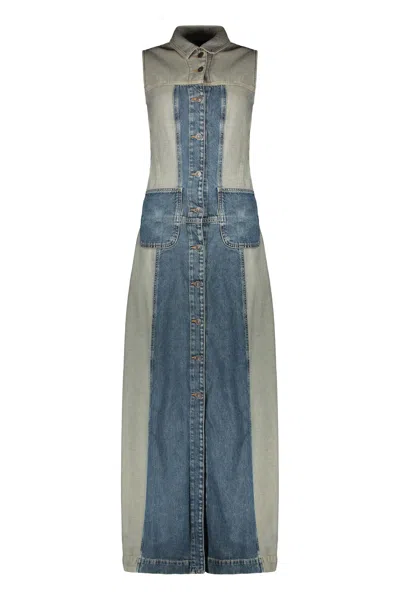 Diesel Long Denim Dress With Modern Details In Blue