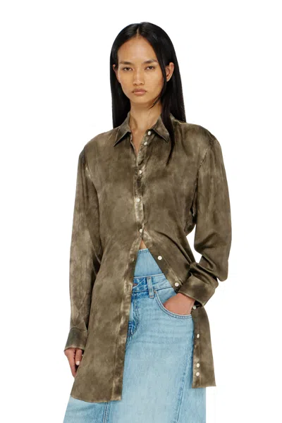 Diesel Long Shirt In Logo-jacquard Crinkled Satin In Green