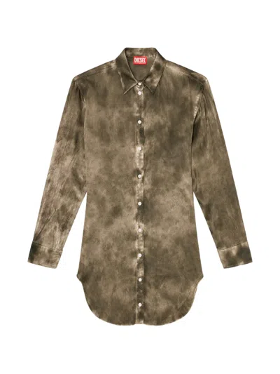 Diesel Long Shirt In Logo-jacquard Crinkled Satin In Brown