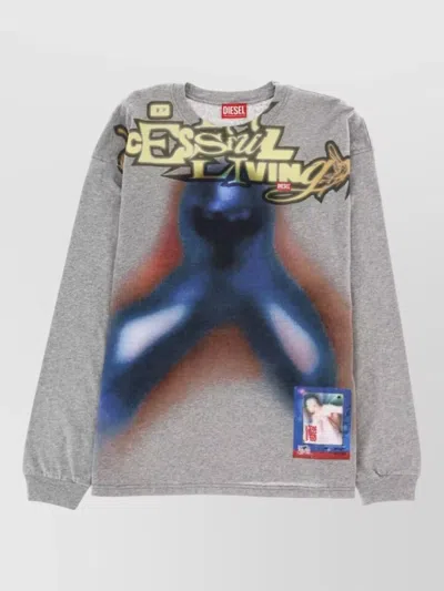 Diesel Long Sleeve Crew Neck Graphic T Shirt In Gray
