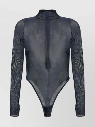 Diesel Long-sleeve High Neck Sheer Bodysuit In Blue
