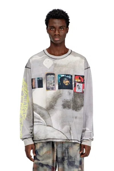 Diesel Long-sleeve T-shirt With All-over Print And Patches In Gray