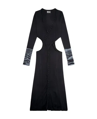 Diesel Long-sleeve V-neck Midi Dress In Black