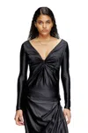Diesel Long Sleeved Gathered V-neck Top With Chintz Finish In Black