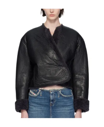 Diesel Long-sleeved Logo Leather Jacket In Black
