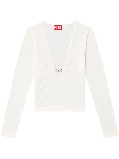 Diesel Long-sleeved Top With Deep V-neckline And Knot Detail In White