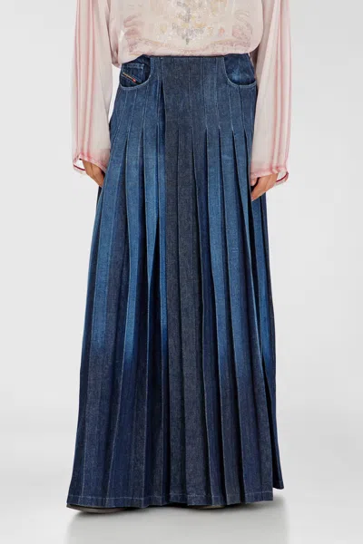 Diesel Long Wrap Skirt In Pleated Denim In Blue