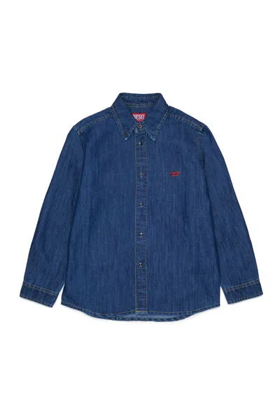 Diesel Kids' Long-sleeve Denim Shirt With Logo In Blue