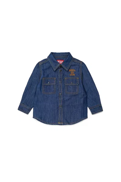 Diesel Kids' Long-sleeve Denim Shirt With Logo In Blue